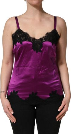 Dolce & Gabbana Womens Purple Silk Lace Trim Camisole Sleeveless Tank Top And Black Cotton Elastane Nylon