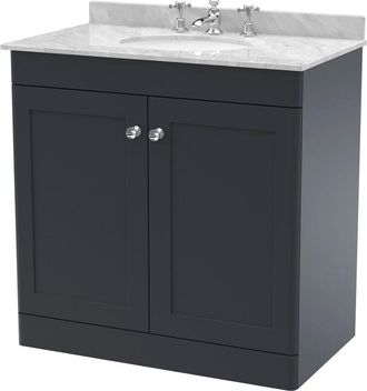 Nuie Classique Satin Soft Black 800mm 2 Door Vanity Unit with Grey Marble Countertop and Round Basin with 3 Tap Holes - CLC1426GR3 - Nuie