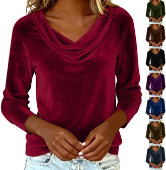 Generic Velvet Tops for Women UK Cowl Neck Pleated Long Sleeve Elegant Blouses Ladies Casual Dressy Shirts Fall Winter Solid Color Tunic Top Work Office Going