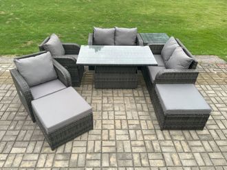 Fimous 8 Seater Rattan Furniture Garden Dining Set Outdoor Height Adjustable Rising lifting Table Love Sofa Chair in Dark Grey