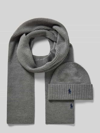 Polo Ralph Lauren Schal und M&uuml;tze aus Wolle im Set mit Geschenkbox in Mittelgrau, Gr&ouml;&szlig;e 1