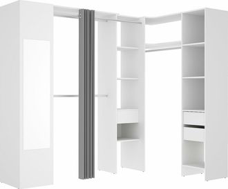 Vente-Unique Armario ropero de esquina con cortina y 1 puerta - Con espejo - L231 cm - Blanco y gris - BERTRAND