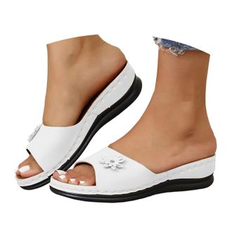 Generic Womens Floral Decor Platform Slide Sandals Chunky Heel Open Toe Slippers Comfortable Non Slip Sole for Casual Outing, Commute, Summer Beach (White, 6.