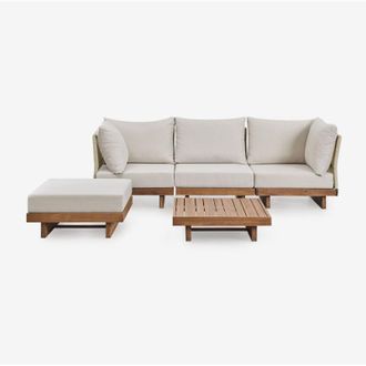 Sklum Sklum - Set di divani modulari Dailin da 3 pezzi con 2 poltrone angolari, tavolino e pouf in legno di acacia