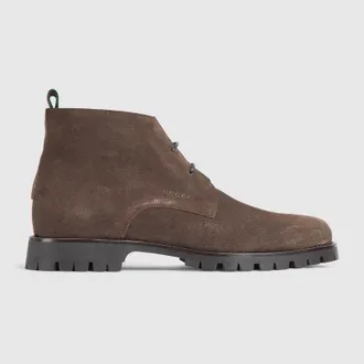 Gucci Mens Lace-up Ankle Boot With Web, Brown, Suede