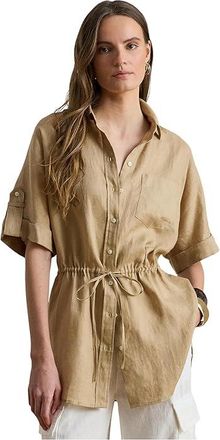 Lauren Ralph Lauren Linen Roll-Tab Sleeve Tunic Womens Clothing Birch Tan : XL