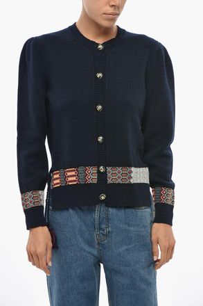Etro Cardigan Girocollo in Misto Lana con Ricami a Contrasto e Nappine Decorative Etro