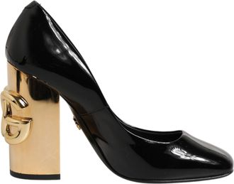 Dolce & Gabbana Black Gold Patent Leather Logo Heels Pumps Womens Shoes