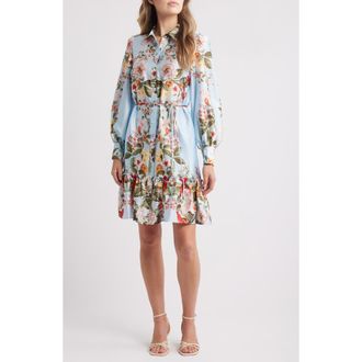 Julia Jordan Floral Long Sleeve Satin Shirtdress in Blue Multi at Nordstrom Rack, Size X-Large