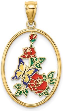 Diamond2Deal 14k Yellow Gold Enamel Yellow Butterfly in Oval Red Flower Charm