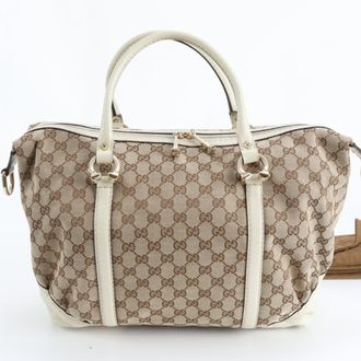 Gucci Gg Canvas Beige Gg Canvas Leather Handbag Shoulder Bag Tote Bag (Pre-Owned)