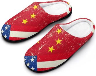 Generic U.S.A And Chinese Grunge Flag Cotton Slippers for Women Indoor Outdoor Slipper Slip-On Memory Foam Home Shoes