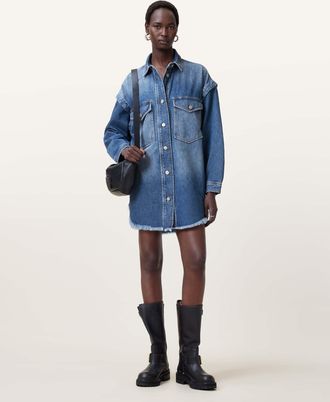AllSaints Womens Cotton Faye Oversized Denim Shacket Dress, Size: XS