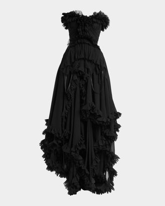 Alexander McQueen Strapless Draped Ruffle Silk Georgette Gown