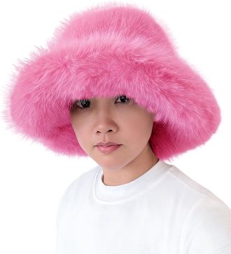 Lina & Lily Oversized Winter Faux Fur Bucket Hat for Women - Long Pile Fur Wide Moldable Brim (Hot Pink)