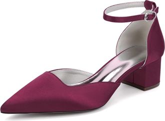 Generic Womens Block Heels Satin Bridal Wedding Shoes Pointed Toe Ankle Strap Court Prom Party Low Heels Shoes 4.5Cm,Burgundy,10 UK