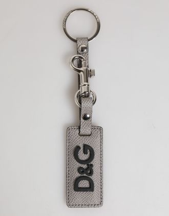 Dolce & Gabbana Mens Gray Leather Logo Metal Ring Keychain Holder Men Keyring - Grey - One Size