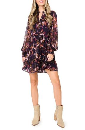 Gibsonlook Floral Long Sleeve Chiffon Babydoll Dress in Botanical Eggplant at Nordstrom, Size Xx-Small
