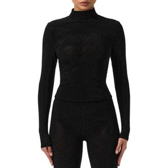 Naked Wardrobe Rhinestone Long Sleeve Top in Black at Nordstrom, Size X-Small