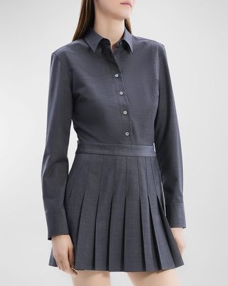 Theory Pleated Wool Suiting Long-Sleeve Mini Shirtdress
