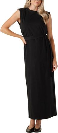 Selected Kleedjes, Dames, Zwart, S, Denim, Zwarte Midi Jurk met Schoudervullingen