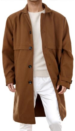 Feoya Mens Wool Pea Coat Mid Long Single Breasted Coat Winter Trench Coats for Men UK Formal Notch Lapel Woolen Coats with Pockets Peacoat Camel L Button Do