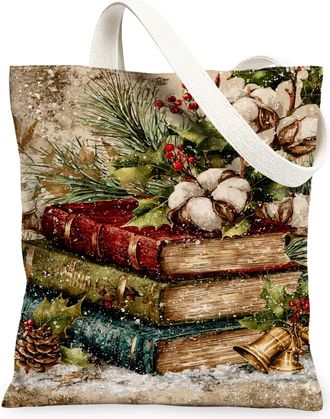 Generic Christmas Books Canvas Tote Bags, Rustic Holiday Pattern Reusable Grocery Bags, Vintage Linen Lightweight Washable Shoulder, Multicolor, 13x15 Inch