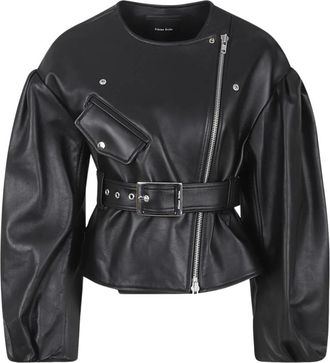 Simone Rocha Leather Jackets, female, Black, XS, Cropped Sculpted Belt Detail Biker Jacket