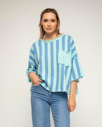 Tantra Gestreepte sweatshirt met korte mouwen, zakken en gerafelde afwerking