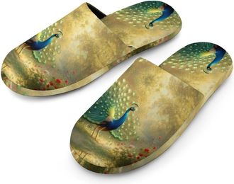 Generic Beautiful Peacock Open Tail Feathers Mens Cozy House Slippers Winter Warm Shoes with Anti-Slip Sole for Travel Indoor Outdoor