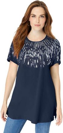 Roaman's Embellished Tunic With Side Slits in Navy Sequin Burst at Nordstrom, Size 24