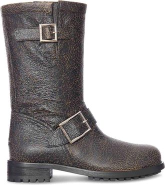 Jimmy Choo London Crackled Leather Biker Boots With Buckles