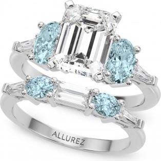 Allurez Emerald Cut Lab Grown Diamond & Oval Aquamarine Bridal Set 18K White Gold (4.65ct)