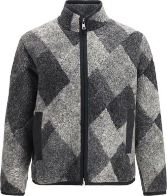 Moncler Mens Wool Blend Zip Cardigan With Diamond Pattern Black Fleece Sweatshirts Sweater
