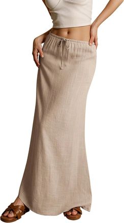 Generic Womens Linen Maxi Skirt Drawstring Low Rise Long Skirts, Cotton Linen Skirts for Women Summer Comfy A Line Long Flowy Skirt (Light Khaki,M)