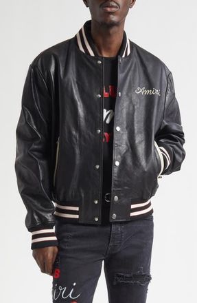 Amiri Club Amiri Embroidered Leather Varsity Jacket in Black at Nordstrom, Size 40 Us