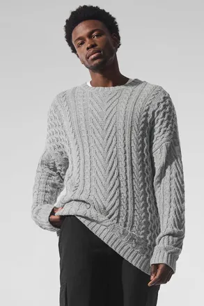Alo | Cable Knit Crewneck Neck Sweater Top in Athletic Heather Grey, Size: Medium