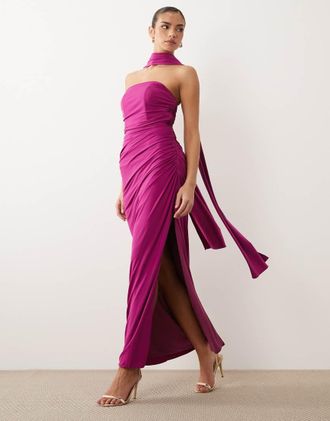 Tfnc Vestito lungo a fascia sinuoso arricciato con foulard fucsia-Rosa