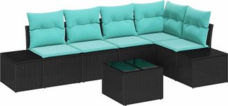 vidaXL Conjunto De Sof&aacute;s De Jard&iacute;n Negro Y Turquesa Rat&aacute;n Sint&eacute;tico Vidaxl
