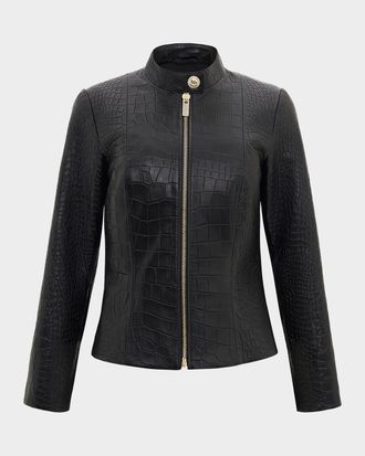Gorski Select Leather Croc-Embossed Zip Jacket