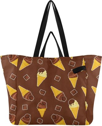Generic Chocolate Ice Cream Brown pattern Reusable Canvas Tote Bag, Heavy Duty Grocery Shopping Bag with Large Capacity Hard Bottom Double Handles Work Grocer