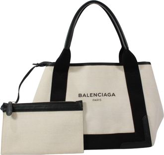 Balenciaga Beige Black Canvas Leather Pouch Tote Bag (Pre-Owned)