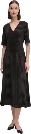 DKNY Gestreepte Midi Jurk met V-hals - Dames - Casual kleedjes - Zwart - XS - Polyester - Kleedjes