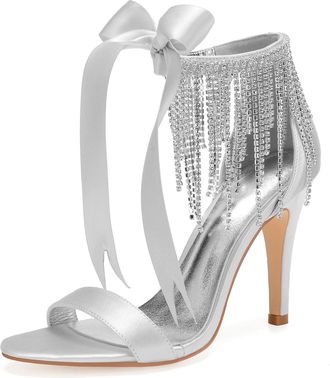 Generic Heels Wedding Bridal Shoes Women Open Toe Stiletto High Heeled Sandals for Prom, Party, Daily 10.5Cm,Silver,4 UK