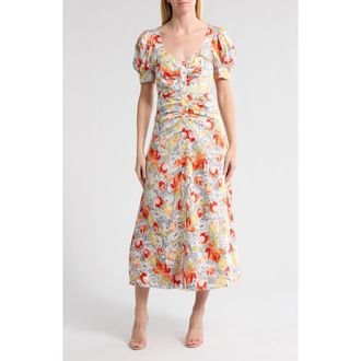 Cinq &agrave; Sept Linework Floral Ximena Short Sleeve A-Line Dress in Ivory Multi at Nordstrom Rack, Size 10