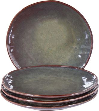 Beliani Beliani - Conjunto De 4 Platos Llanos Grandes De Postre De Gres Caol&iacute;n Artesanal Acabado Esmalte Reactivo Verde Oscuro Thyme