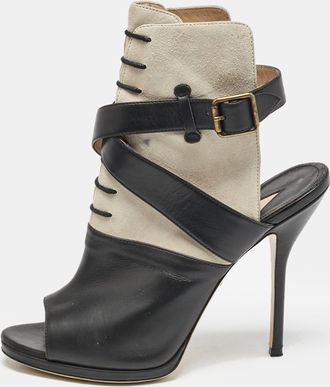 PAUL ANDREW Black/grey Leather And Suede Criss Cross Open Toe Ankle Strap Boots