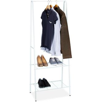 Relaxdays Appendiabiti con Scarpiera, HxLxP: 160 x 61,5 x 38 cm, Attaccapanni Metallo Ripiano Portascarpe Ganci, Bianco - Relaxdays