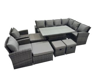 Fimous 12 Seat Rattan Garden Furniture Corner Sofa Set with 4 Footstool in Dark Grey