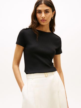 Tommy Hilfiger Kurzarmshirt TOMMY HILFIGER GOLD BUTTON SLIM SS TEE, Damen, Gr. XS (34), schwarz, Single Jersey, Obermaterial: 100% Baumwolle, unifarben, slim fit, Sh